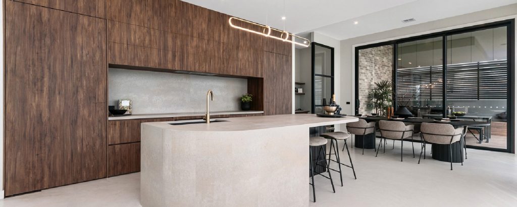 Timber and stone kitchen of Display Home by Virtue Homes
