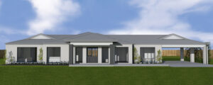 Artists impression of the front of a house with grey roof, white rendered walls and green lawn
