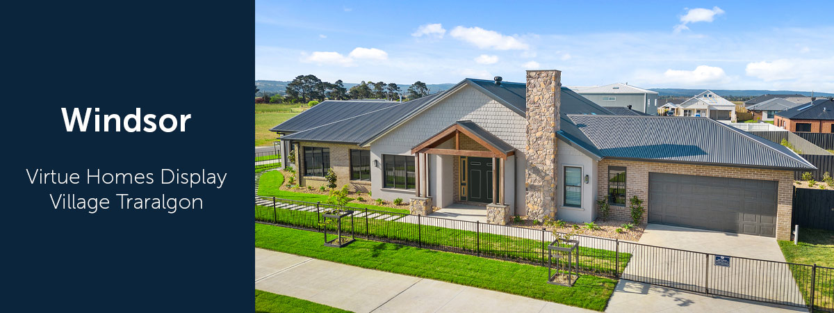 Facade view of the Windsor Display Home in Traralgon, a ranch styule home with stone fireplace and timber structure