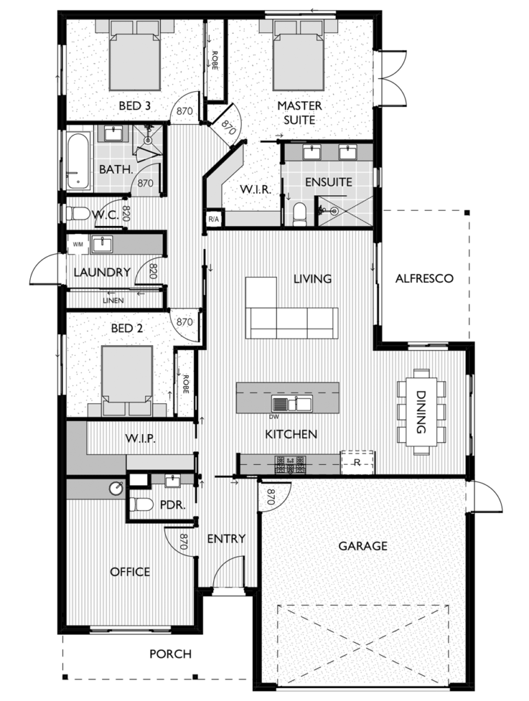 Floor plan for a contemporary three bedroom home.
