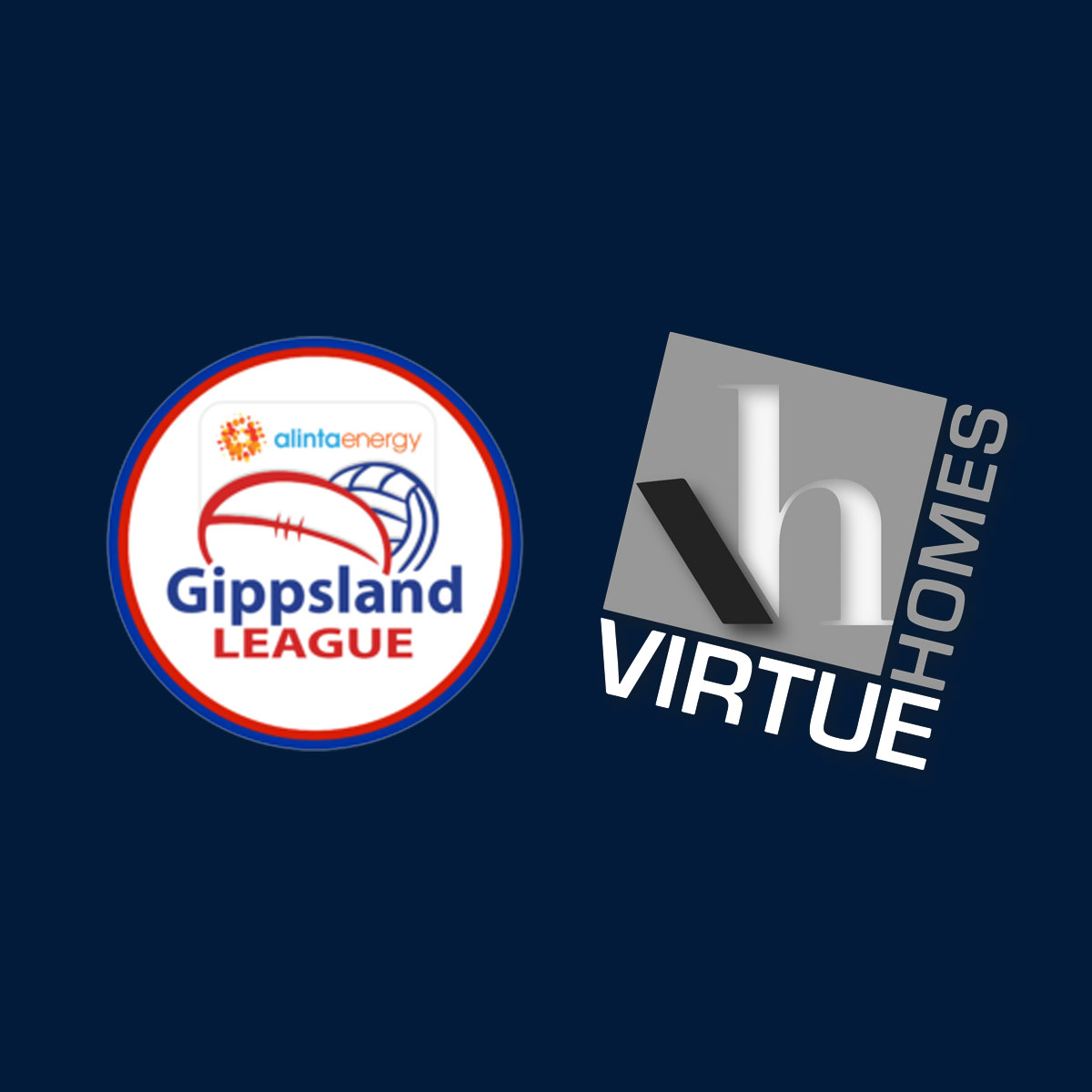 Image of logos for Gippsland League sports and Virtue Homes sitting on a dark blue background.