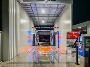 Photo of a shed with a blue automatic car wash