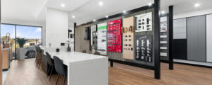 Photo of the Virtue Homes Showroom in Traralgon, with wall displays of handles and fixtures to choose from