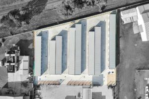 Aerial view of storage shed roofs