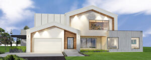Rendering of a white two storey home with modern angles in the roofline