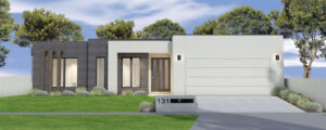 Rendering of modern facade of the single storey home with dark bricks, entry and garage with white rendering.