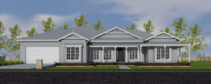 Rendering of a grey ranch style home facade with white trims on the verandah and roofline.