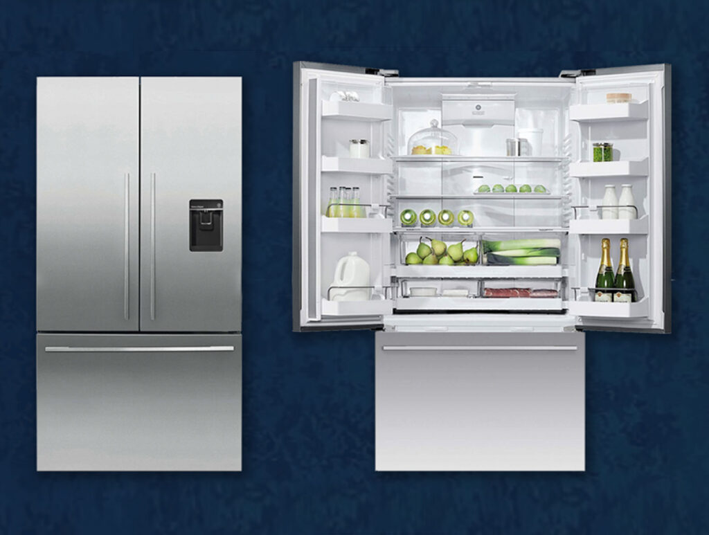 Photo of a stainless steel french door fridge with both doors open and a dark blue background