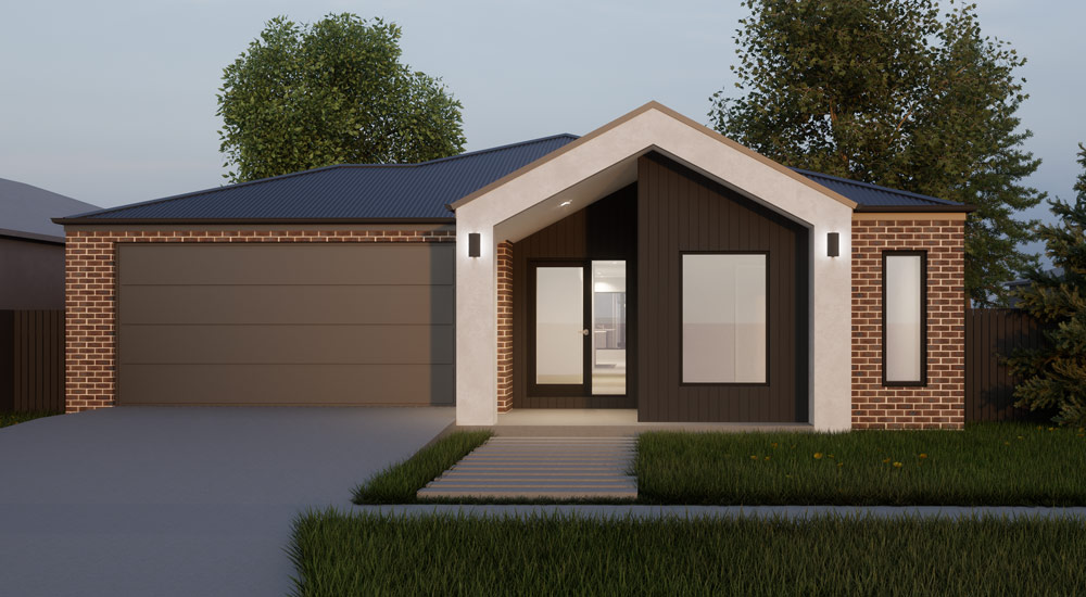 Rendering of the facade of a house with dark timber cladding, large windows, dark grey garage door, and concrete driveway and path to the front door