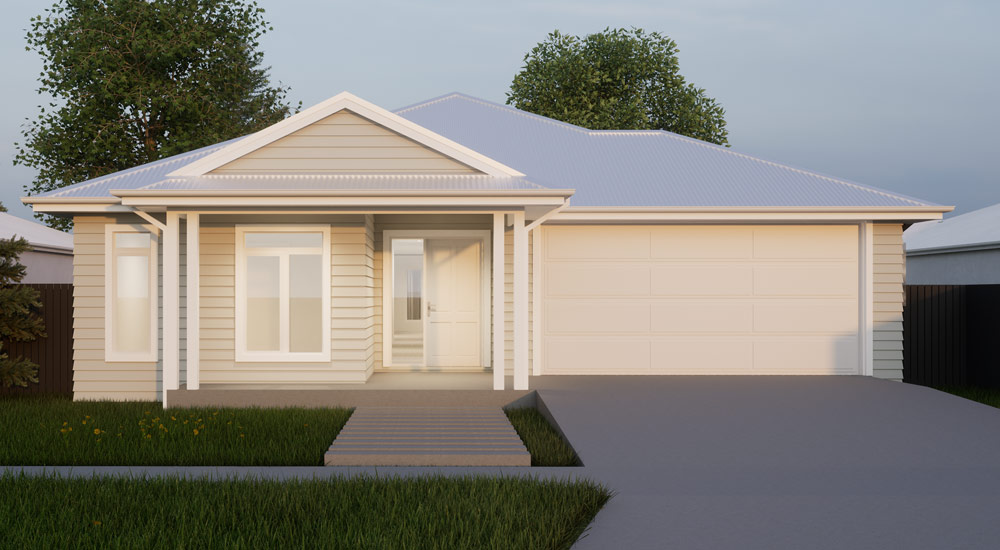 Rendering of the facade of a house with a grey roof, white timber cladding and garage door, concrete driveway and path the front door