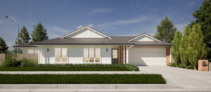 Artist impression of a white single story house with grey roof, green hedges in the front yard