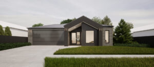 Artist impression of a dark colouored single story house with grey roof, green hedges in the front yard
