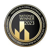 Black and gold award graphic for Master Builders Association National award for best Display home 2023