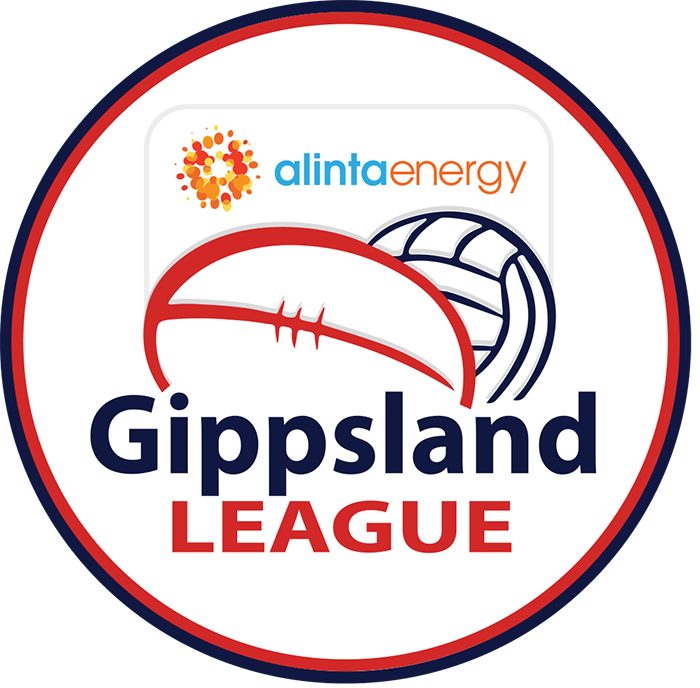 Logo for the Gippsland League, which is made up of a blue circle outline, then inside that is a red circle outline, inside the circles are blue and red text and drawing of a football in red, and soccer ball in blue.