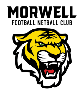 Yellow and black logo of a tigers head, for the Morwell Football Netball Club