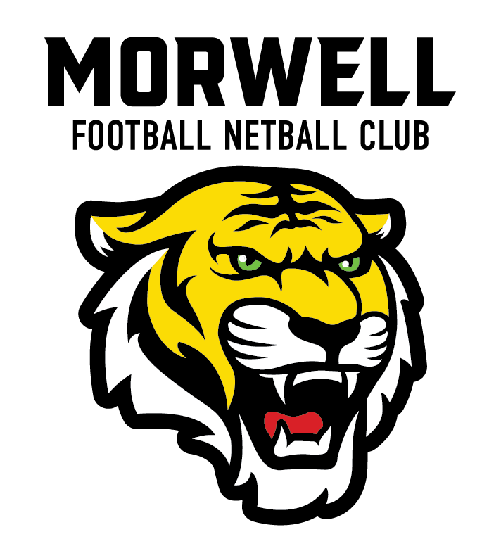 Yellow and black logo of a tigers head, for the Morwell Football Netball Club