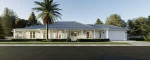 Rendering of a large single storey classic white ranch style home with dark grey roof. The home is single storey and has a wide verandah around it. The garden has an established palm tree in the front and a simple green hedge around the verandah, wide front lawn.