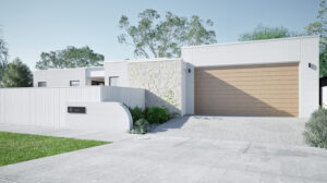 Artist impression of the facade of a white modern style home with cream stone feature wall and curved white rendered fence.