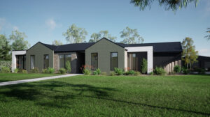 Artist impression of the facade of a contemporary grey and black ranch style home.