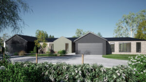 Artist impression of the facade of a modern grey rendered home with small buildings joined to create the home. Surrounded by green trees and foliage.