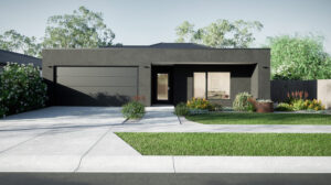 Artist impression of the facade of a contemporary flat roof home in dark grey render and with a large window at the front.