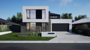 Artist impression of the facade of a contemporary two storey home, made from a mix of brickwork, light grey rendered and black garage door and window frames. The home looks like boxes stacked on each other.