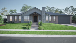 Artist impression of the facade of a grey stone and red brick classic Ranch Style home