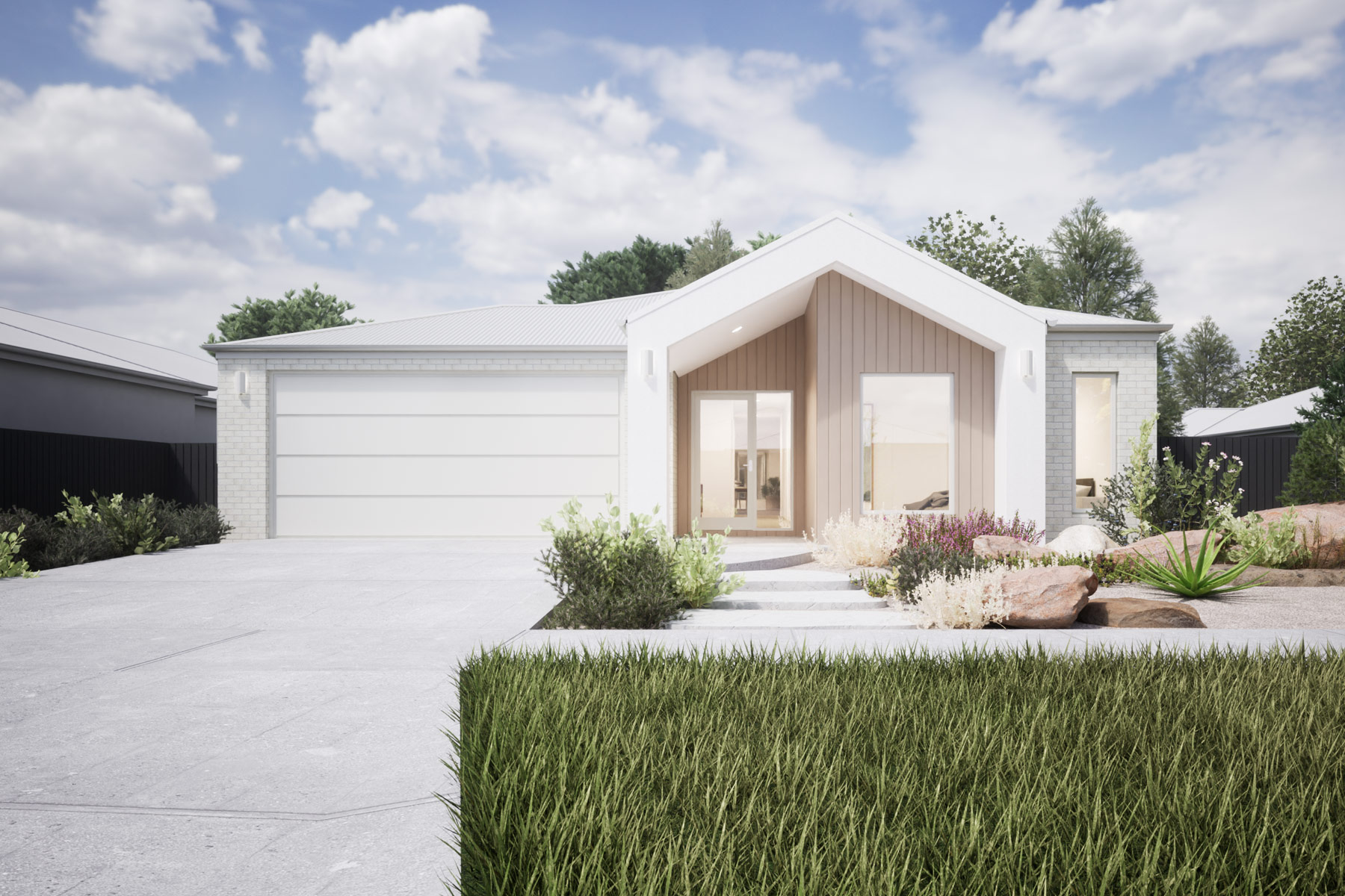 Artists impression of the facade of a home. The house is white with soft grey brick and timber features. The roofline features a modern gable entry. There is a blue sky with soft clouds, and a lush green lawn and garden infront of the home.