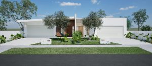 Detailed render of two modern white townhouses side by side.