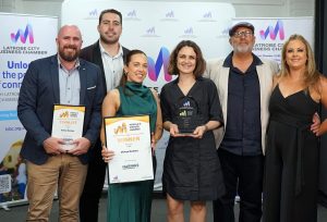 Six staff from Virtue Homes at the 2025 Latrobe City peoples Choice Awards holding their winning award