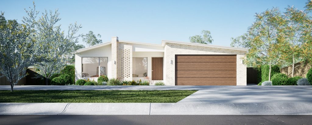 Rendering of the facade of a contemporary home with flat roof on slight angle, cream brickwork in mid century modern style of house. Surrounded by trees, front lawn and nature-strip of grass.