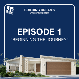 Virtue Homes podcast graphic 1 - dark blue image tile with house facade at the bottom of the image.