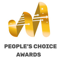 Award graphic for Peoples Choice Winner 2025 with gold ribbon design with small white stars on it.